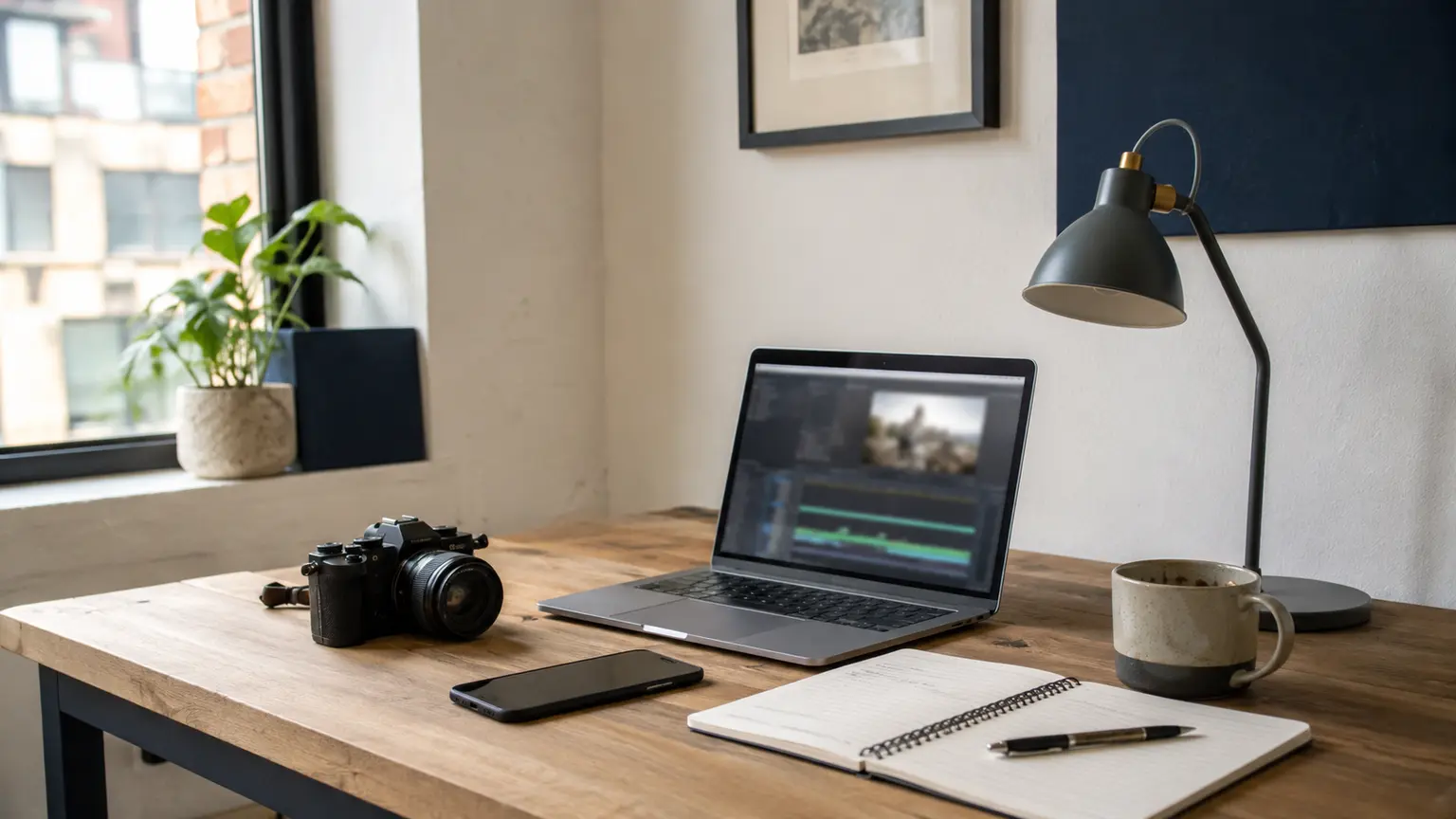 A naturally lit creative workspace with a camera, laptop, phone, and planning notebook